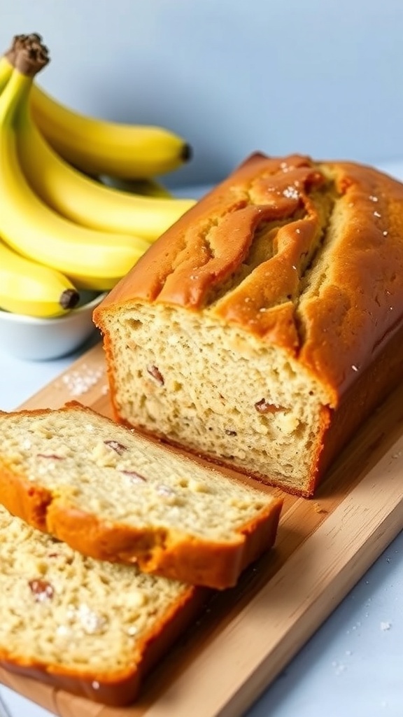 Healthy Xylitol Banana Bread Recipe Sliced xylitol banana bread on a wooden board, showcasing its moist texture, with bananas in the background.